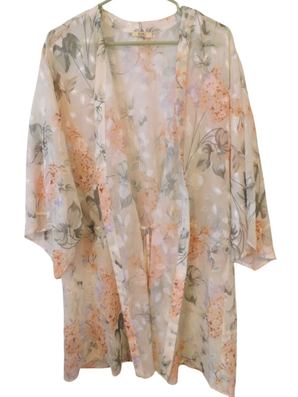 KORI America Womens Sz L Sheer Floral Kimono Duster Boho Flow Beach Layering